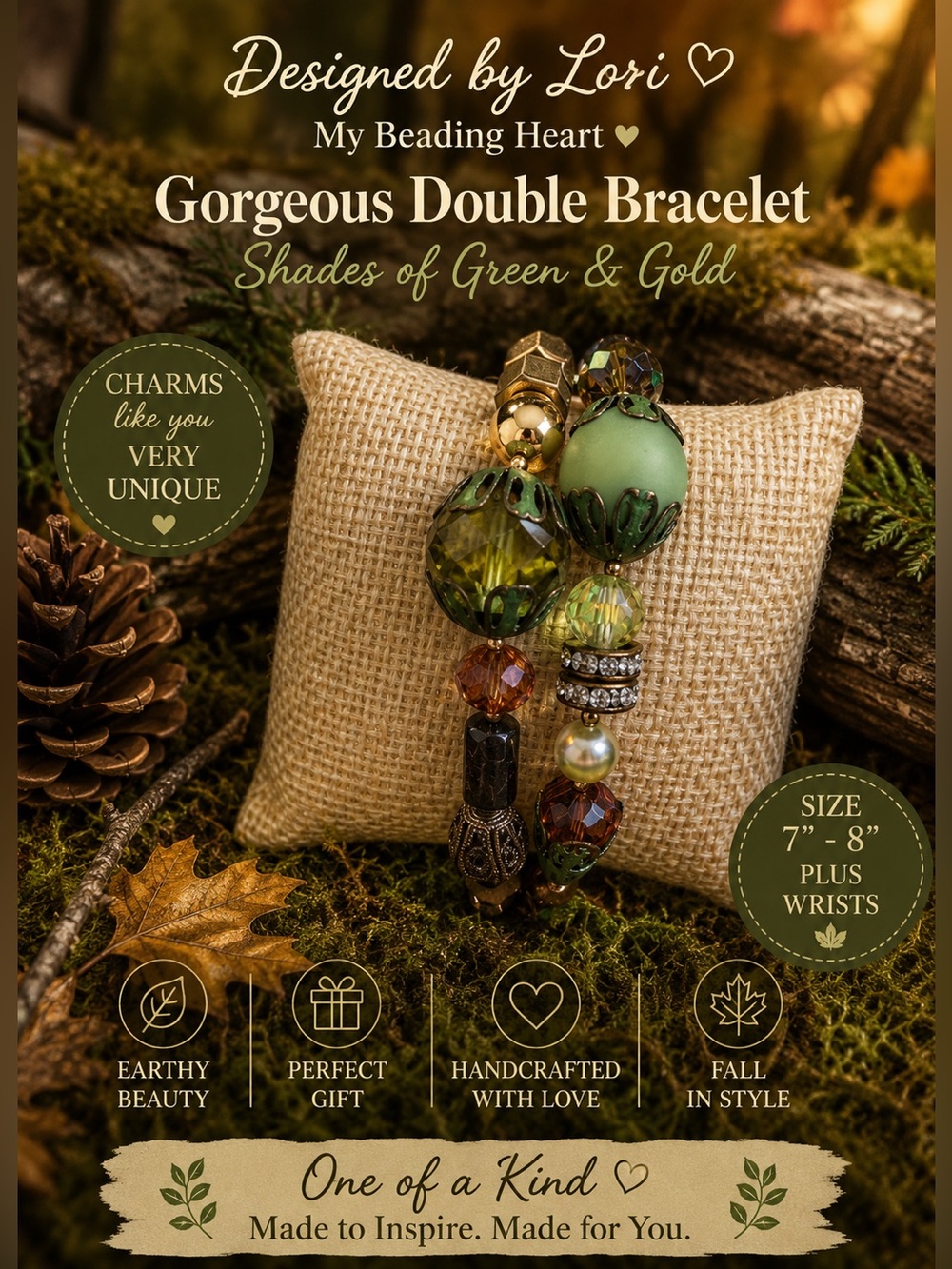 Elegant Green and Gold Beaded Bracelet Bigger Wrists 7- 8+ My Favorite Design
